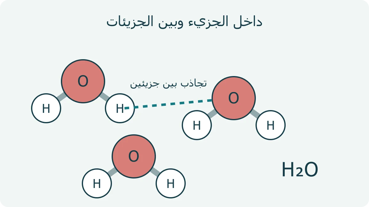 ثلاثة نماذج لجزيئات ماء؛ لكل جزيء ذرة أكسجين حمراء وذرتا هيدروجين، وخط متقطع بين جزيئين