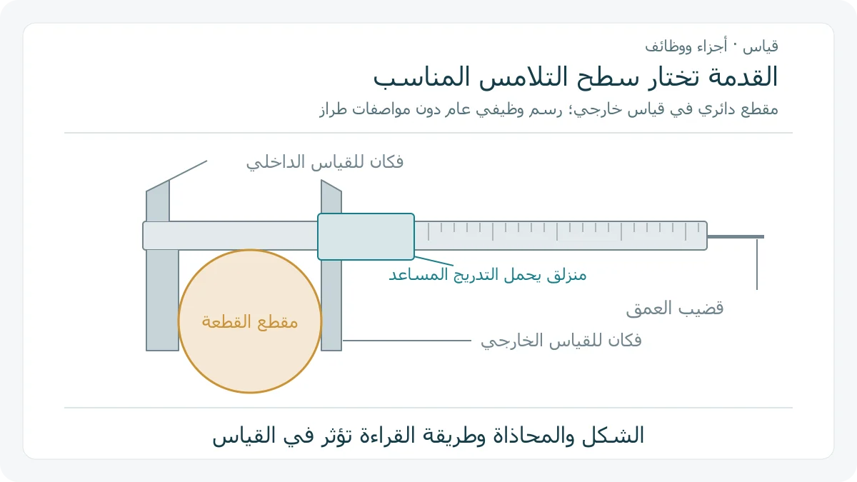 رسم أصلي لقدمة قياس يظهر الفكين الخارجيين حول قطعة دائرية والفكين الداخليين وقضيب العمق والمنزلق