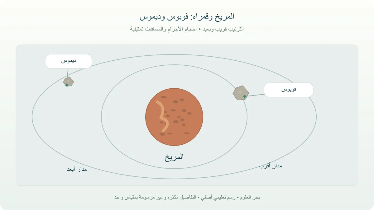 رسم مفاهيمي للمريخ ومدارين يضع فوبوس أقرب وديموس أبعد مع أسمائهما