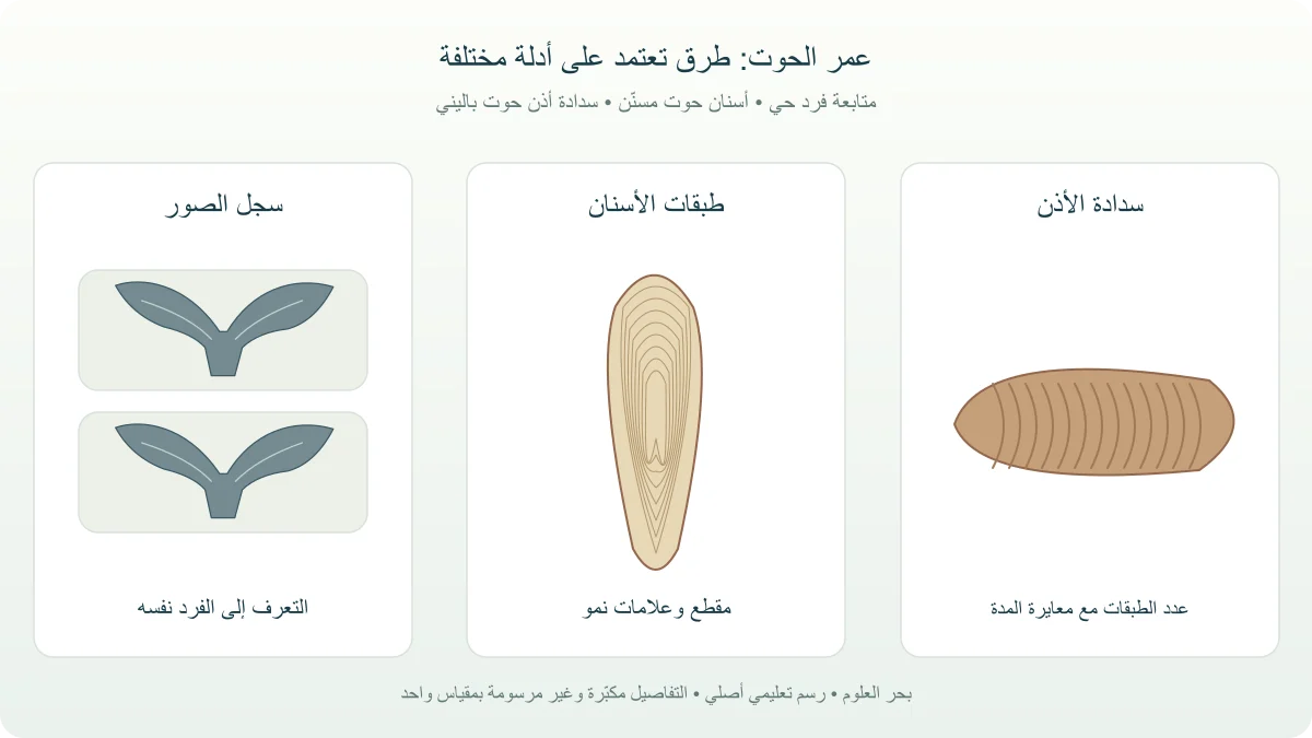 مقارنة بين متابعة حوت بالصور وطبقات سن وسدادة أذن كأدلة مختلفة لتقدير العمر
