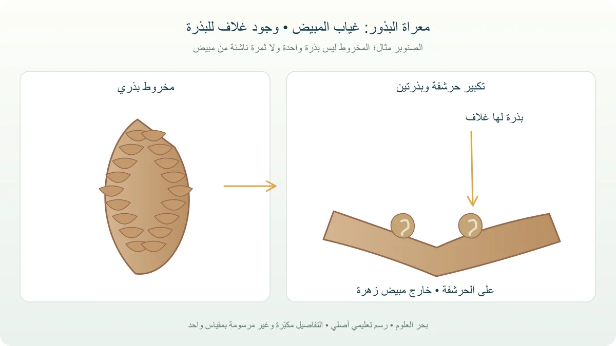 مخروط صنوبري مع تكبير لحرشفة تحمل بويضتين ثم بذرتين ذواتي غلاف دون مبيض زهرة