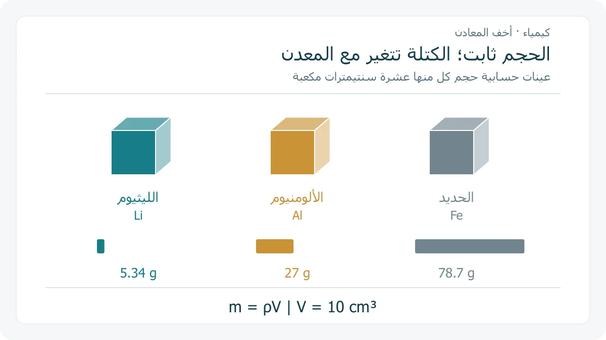 ثلاثة مكعبات مرسومة بالحجم نفسه تمثل عينات حجمها 10 سنتيمترات مكعبة، وأسفلها أعمدة كتلة متناسبة للقيم 5.34 و 27 و 78.7 غرام