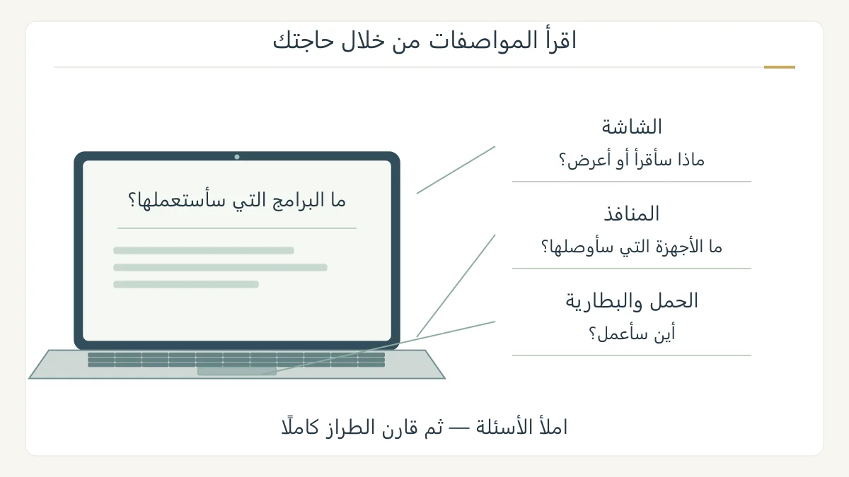 رسم أصلي للابتوب تحيط به أسئلة عن البرامج والشاشة والمنافذ والوزن والبطارية، لربط المواصفات بالحاجة