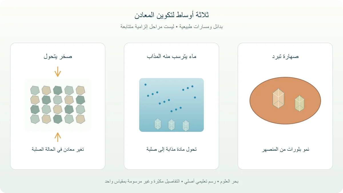 ثلاثة مسارات لتكون معادن: تبريد صهارة وترسيب من الماء وتحول صخر