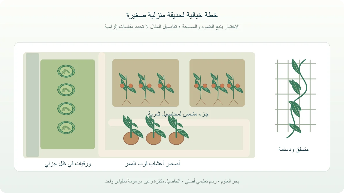 خطة حديقة خيالية فيها موضع مشمس لمحصول ثمري وموضع ظل جزئي لمحصول ورقي وممر وأصيص أعشاب