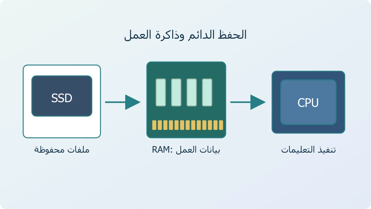 رسم يوضح انتقال بيانات ملف من وحدة التخزين إلى ذاكرة RAM ثم معالج الحاسوب