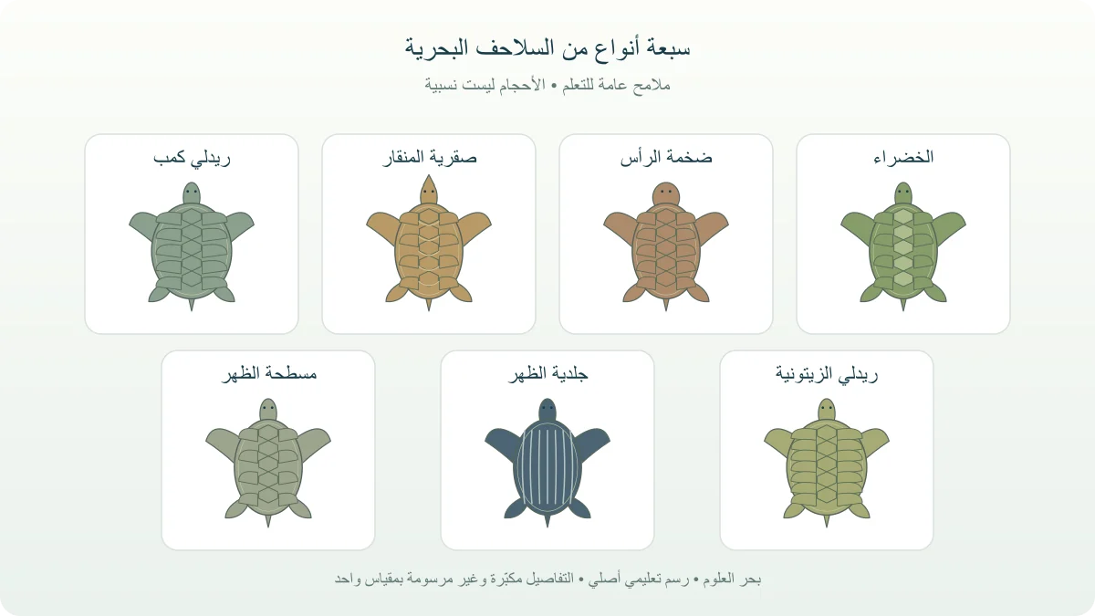 لوحة تعليمية تعرض أسماء السلاحف البحرية السبعة وملامح دروعها ورؤوسها بصورة مبسطة