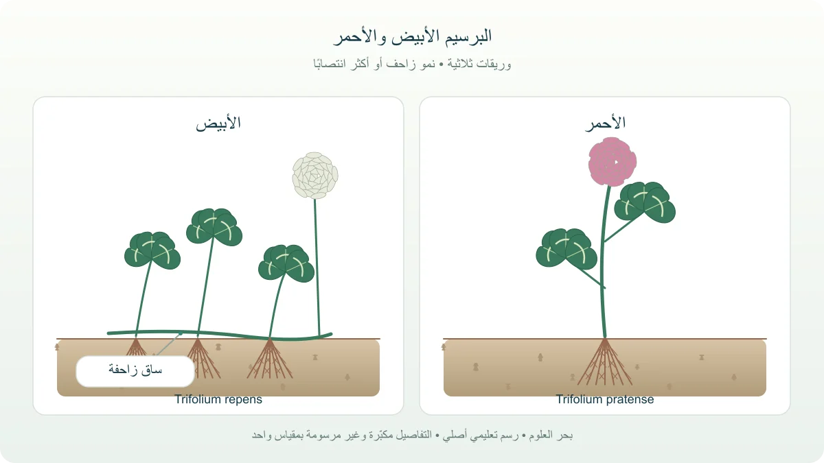 مقارنة نباتية بين البرسيم الأبيض بسيقانه الزاحفة والأحمر بساق أكثر انتصابًا ووريقات ثلاثية