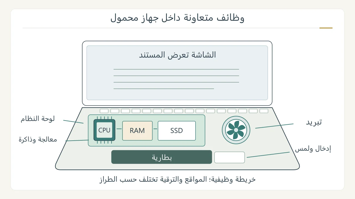 رسم تعليمي أصلي لحاسب محمول يعرض شاشة ولوحة مفاتيح ولوحة لمس، وبنية داخلية مبسطة فيها لوحة ومعالج وذاكرة وتخزين وبطارية وتبريد