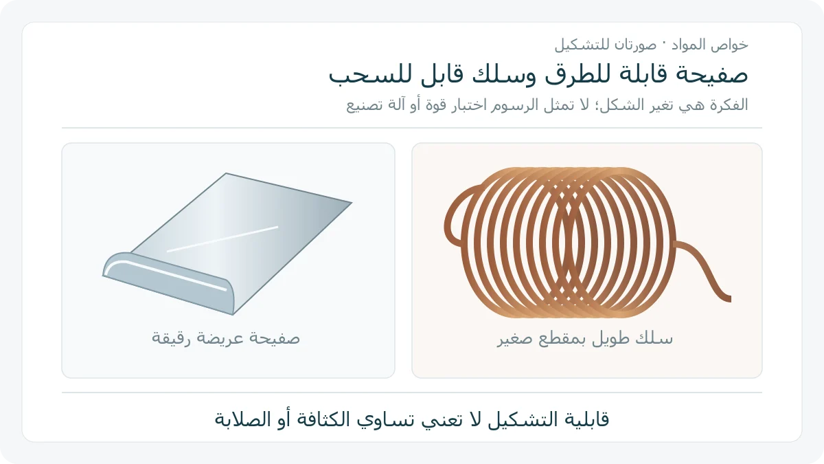 رسم أصلي لصفيحة فلزية مطوية جزئيًا ولفافة سلك نحاسي، يميز تشكيل الصفائح بالطرق من تشكيل الأسلاك بالسحب
