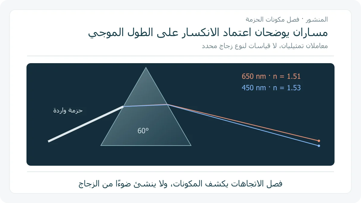 رسم أصلي لمسارين في منشور بزاوية 60 درجة، يمثل 650nm و 450nm بمعاملَي انكسار تمثيليين 1.51 و 1.53، وينحرف الأقصر أكثر