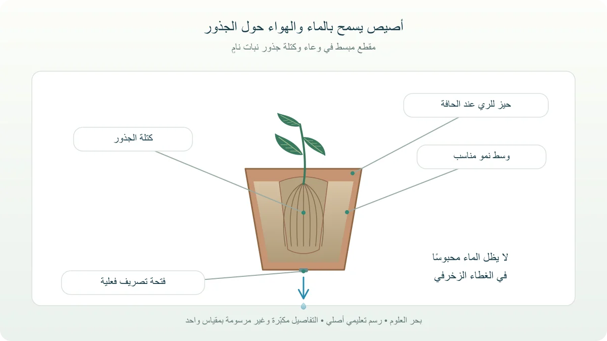 مقطع توضيحي لأصيص نبات زينة يبين كتلة الجذور والوسط ومساحة الري وفتحات التصريف