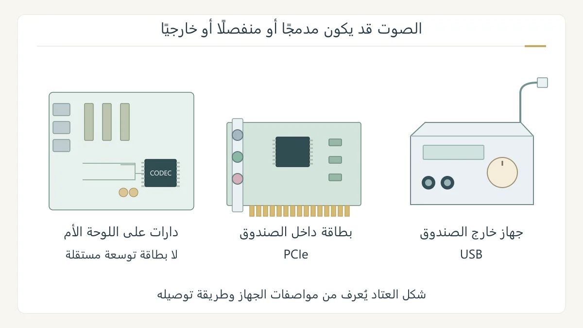 رسم أصلي يوضح دارات صوت على لوحة أم وبطاقة صوت بموصل توسعة وجهاز صوت خارجي، مع منافذ مختلفة لكل شكل