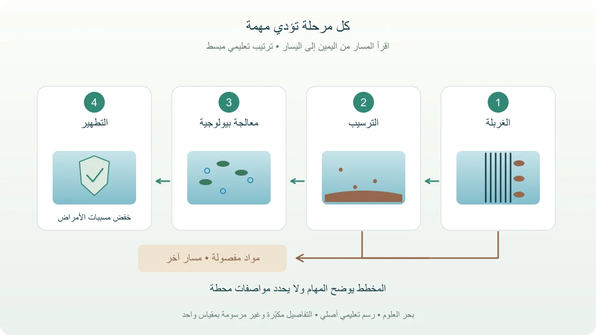 مسار تخطيطي للغربلة والترسيب والمعالجة البيولوجية والتطهير مع فرع للمواد المفصولة