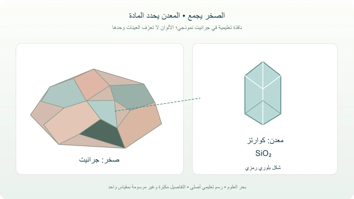 قطعة جرانيت رمزية مع تكبير حبيبات الكوارتز والفلسبار والميكا