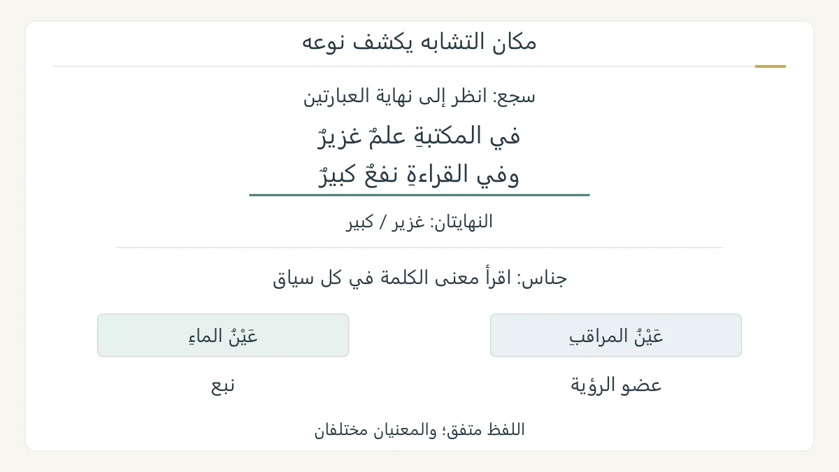 رسم تعليمي أصلي يقارن نهايتي غزير وكبير في عبارتين مسجوعتين، مع كلمتي عين الماء وعين المراقب مختلفتي المعنى