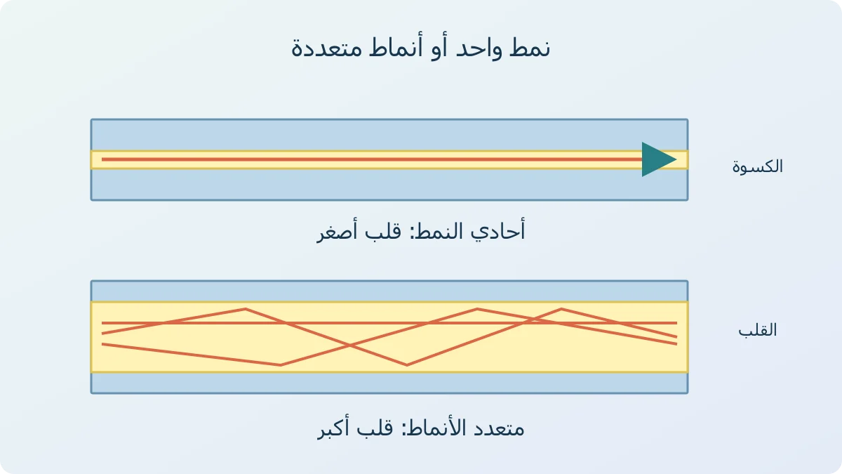 مقطعان تعليميان لليف أحادي النمط وآخر متعدد الأنماط يوضحان اختلاف حجم القلب وانتشار الضوء