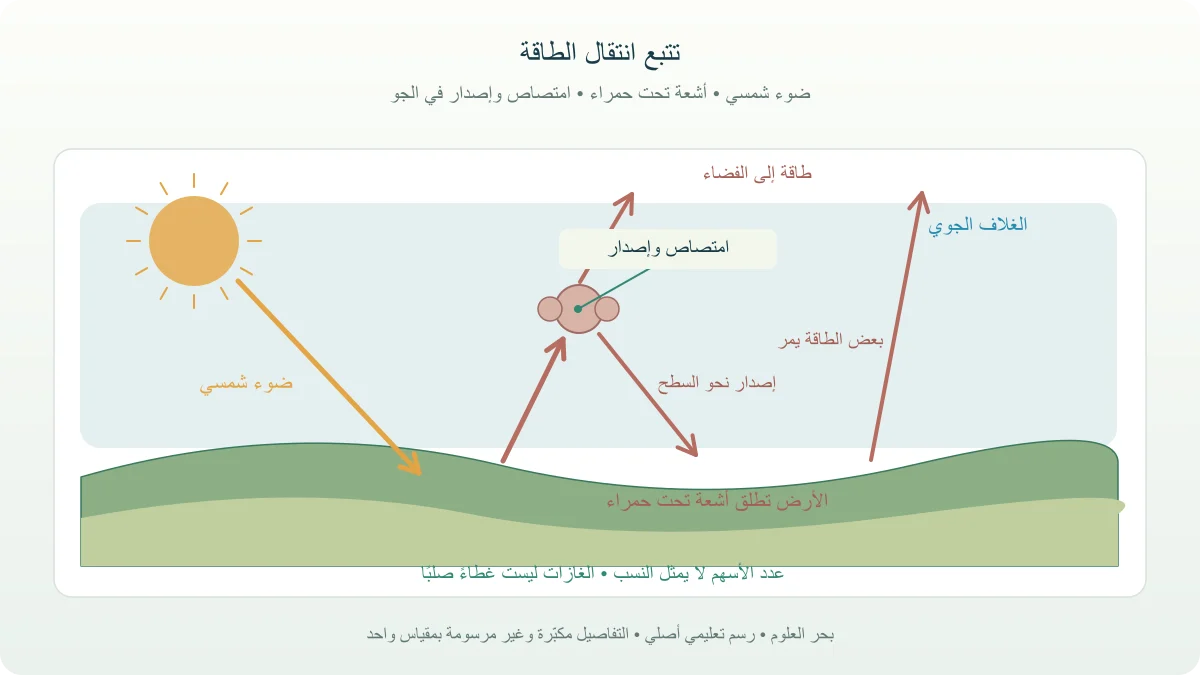 رسم يميز الإشعاع الشمسي الداخل عن الأشعة تحت الحمراء الخارجة وإعادة إشعاع بعض الطاقة في الغلاف الجوي