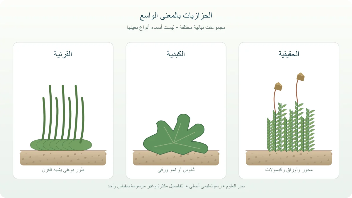 رسوم نباتية مفصلة للحزازيات الحقيقية والكبدية والقرنية مع إبراز الأجزاء المنتجة للأبواغ
