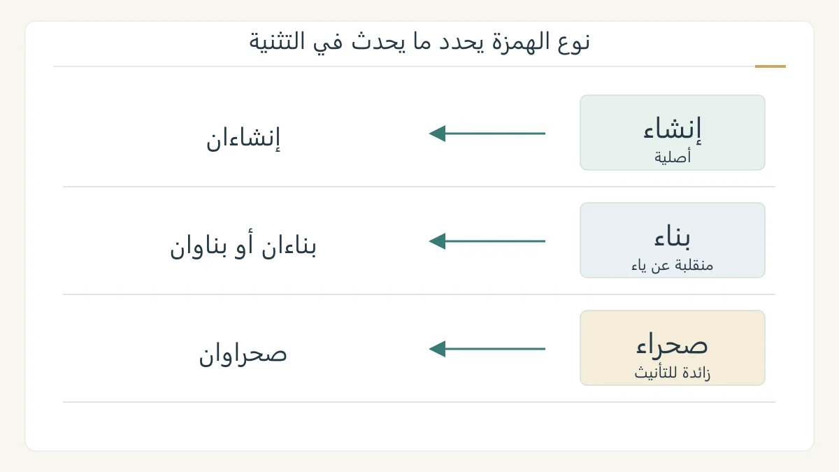مقارنة صرفية أصلية بين إنشاء وإنشاءان وبناء وبناءان أو بناوان وصحراء وصحراوان، مع بيان نوع الهمزة في كل مسار