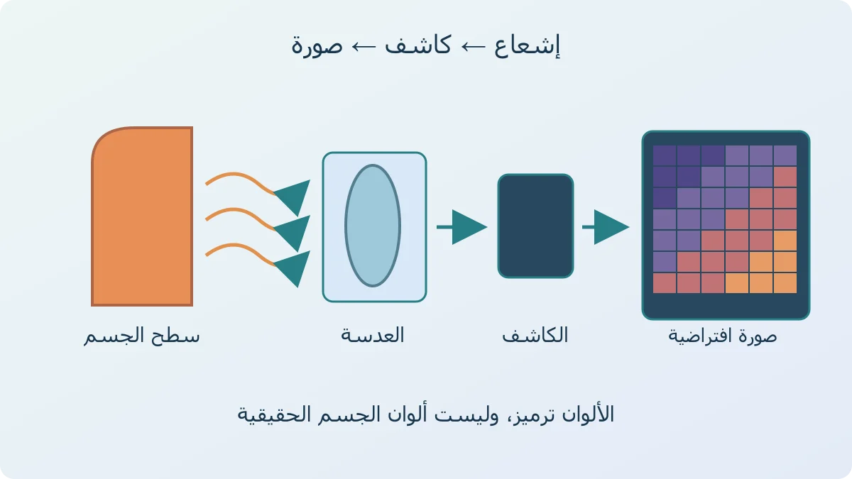 رسم يوضح وصول الأشعة تحت الحمراء من جسم إلى عدسة وكاشف ثم ظهور خريطة ألوان حرارية افتراضية