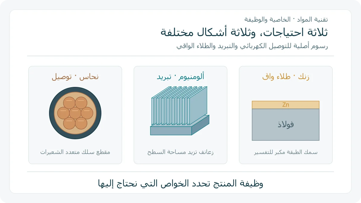 رسوم تقنية أصلية لمقطع سلك نحاسي متعدد الشعيرات ومشتت حراري ذي زعانف من الألومنيوم ومقطع فولاذ تغطيه طبقة زنك