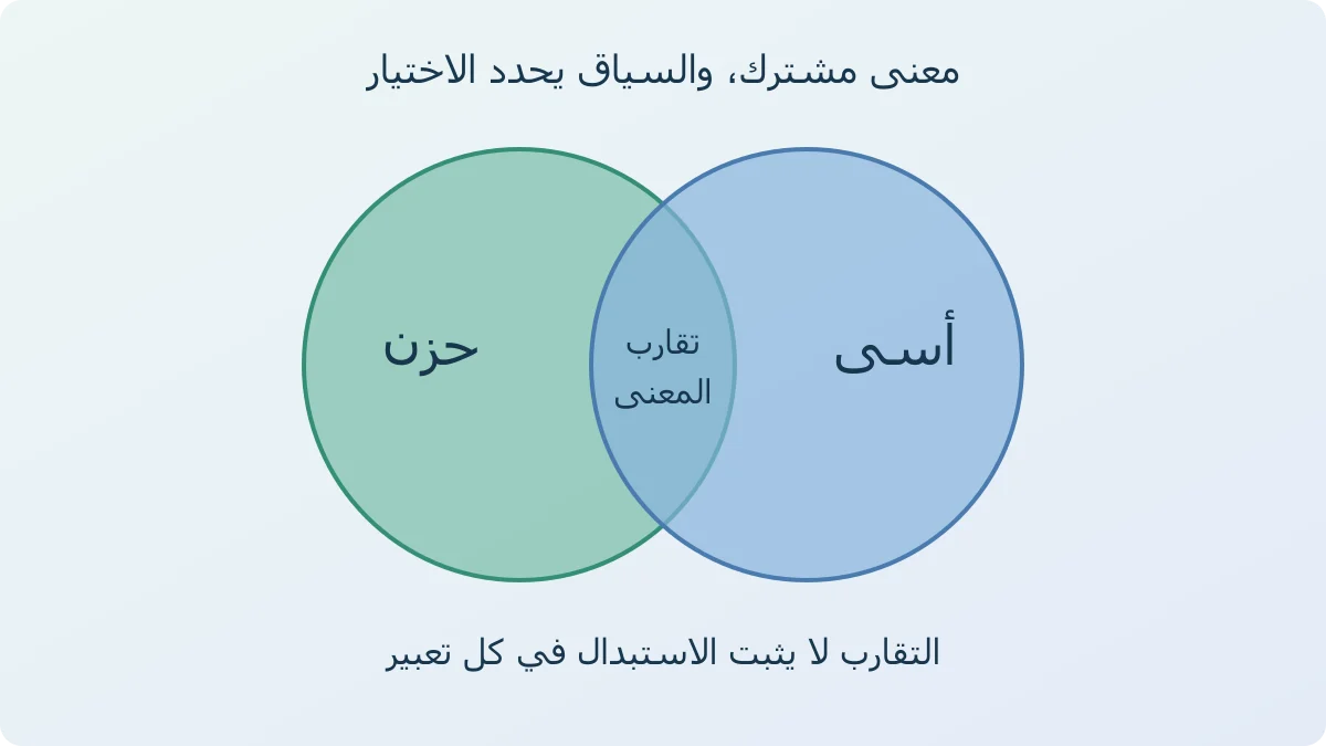 رسم لدائرتين متداخلتين تحملان كلمتي حزن وأسى، يوضح مساحة معنى مشتركة ومساحات استعمال لا يلزم تطابقها