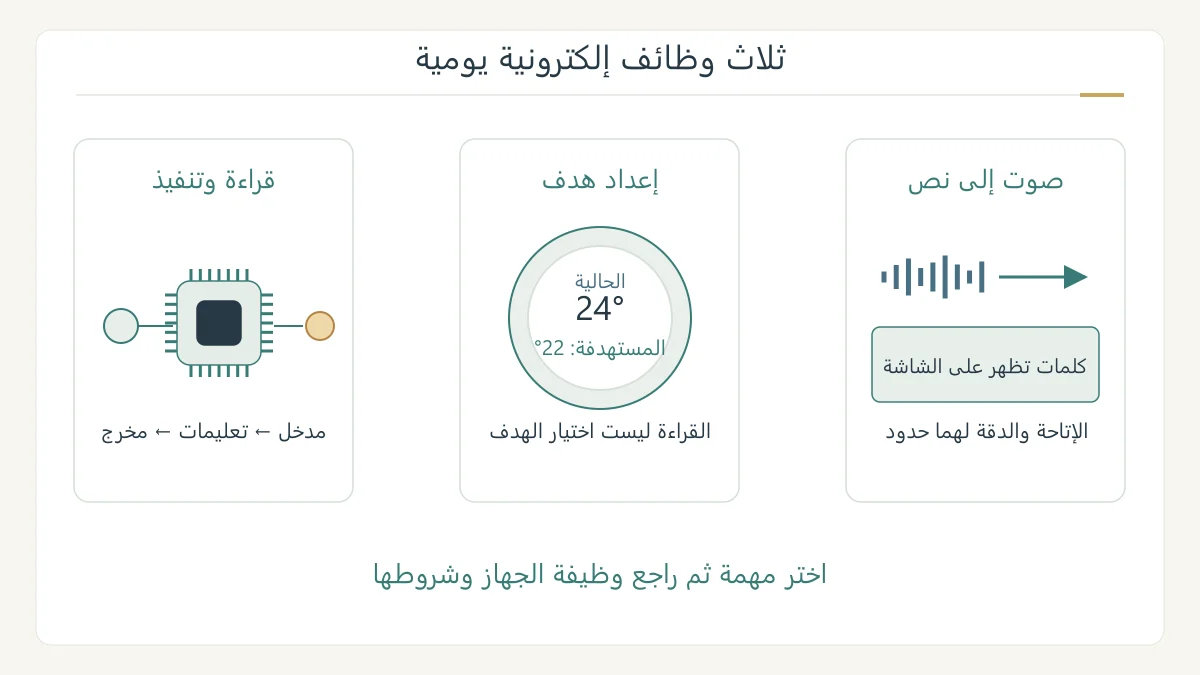 رسم أصلي لثلاث وظائف إلكترونية: إشارة تدخل لوحة، وحرارة حالية مقابل مستهدفة، وصوت يتحول إلى نص حي