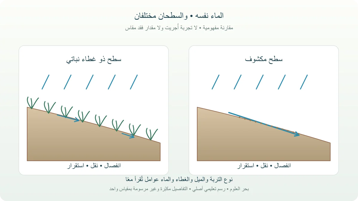مقطعان تعليميان لمنحدر مكشوف وآخر ذي غطاء نباتي يوضحان المطر ومسارات الجريان وحركة الحبيبات