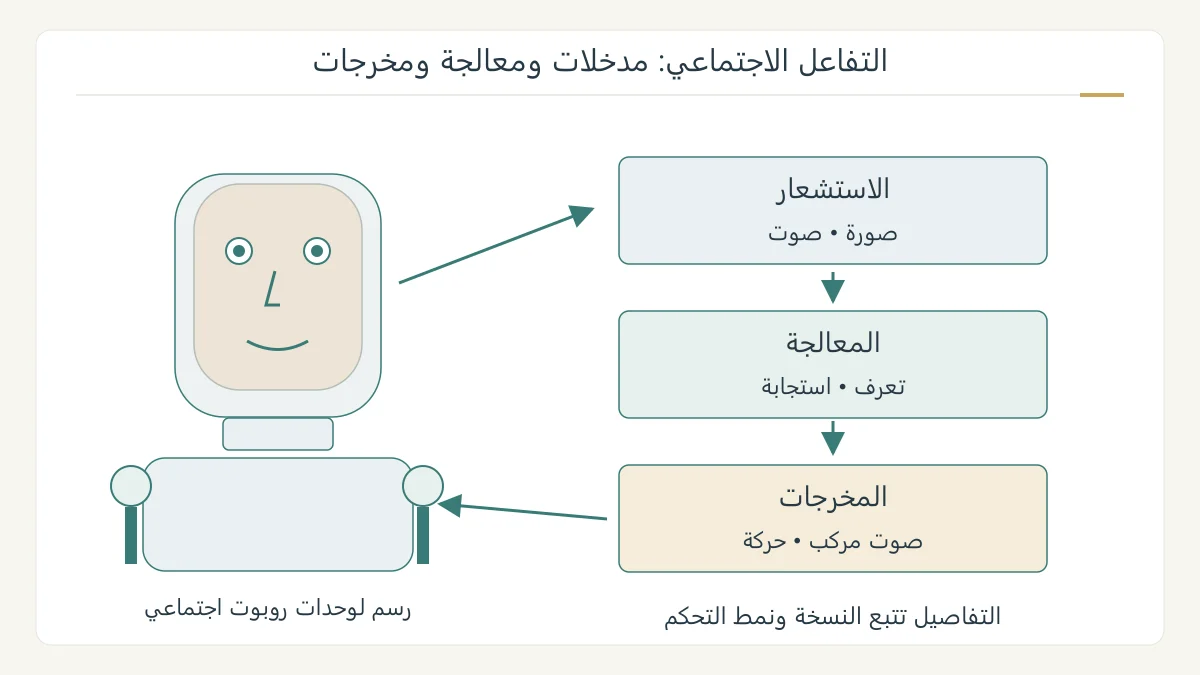 رسم تقني أصلي لوحدات روبوت اجتماعي: وجه ومحركات ومدخل صوت وكاميرا متصلة بمخطط معالجة، دون تصويره كإنسان ذي مشاعر