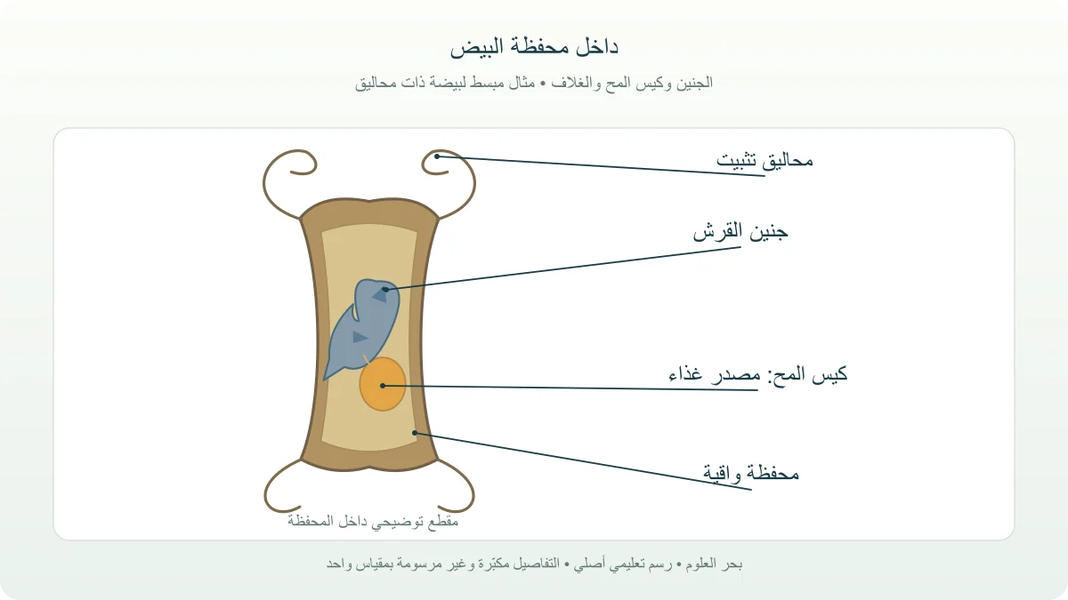محفظة بيض قرش ذات محاليق، مع مقطع توضيحي يظهر جنينًا وكيس مح
