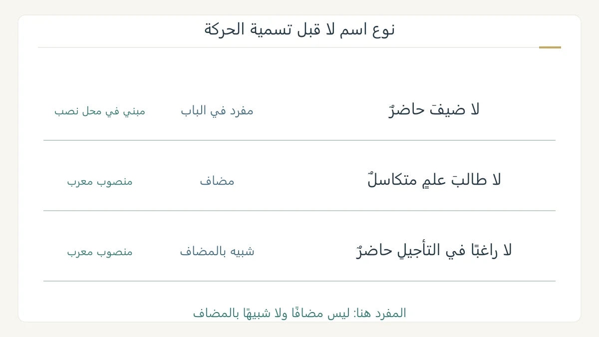 ثلاثة أمثلة مؤلفة لاسم لا: طالب، طالب علم، وراغب في التأجيل