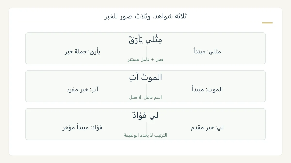 رسم نحوي أصلي يقارن ثلاثة شواهد للمتنبي: مثلي يأرق مع خبر جملة، الموت آت مع خبر مفرد، ولي فؤاد مع خبر مقدم ومبتدأ مؤخر