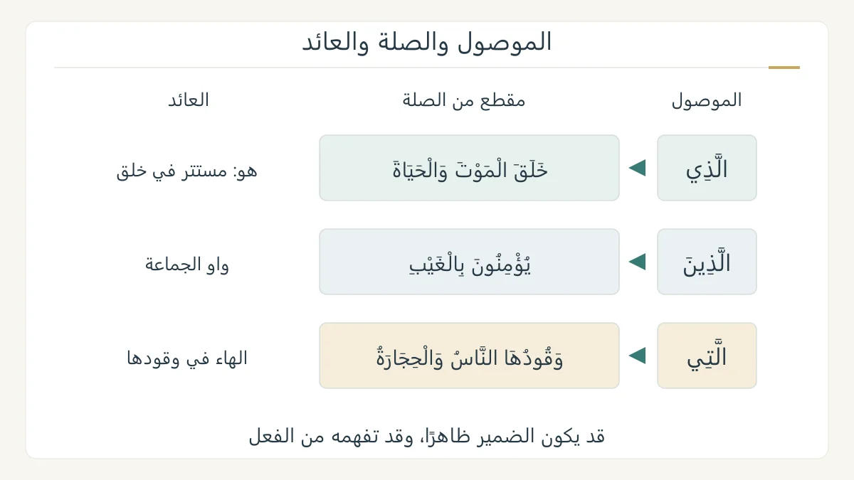 رسم نحوي بثلاثة مقاطع قرآنية يحدد الذي والذين والتي، وبداية الصلة بعدها، ويقارن العائد المستتر هو وواو الجماعة والهاء في وقودها