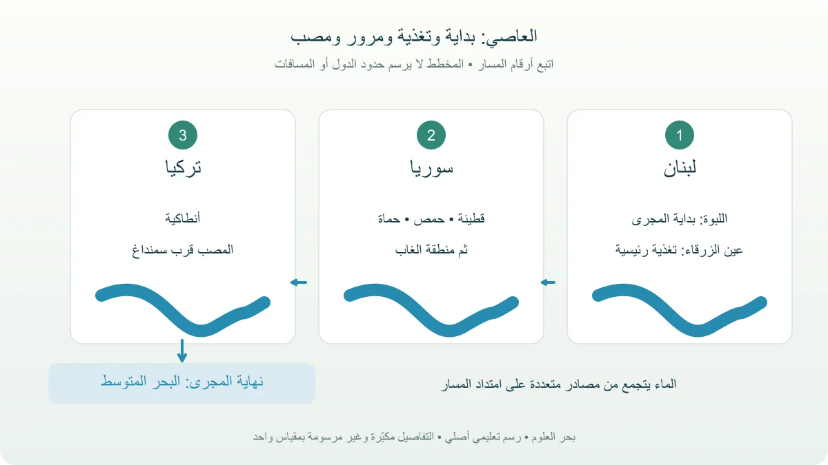 مخطط تعليمي لمسار العاصي من ينابيع لبنان عبر سوريا وتركيا إلى المتوسط