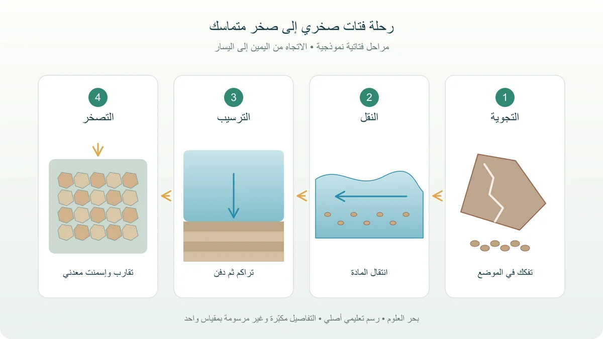 سلسلة مرقمة من التجوية والنقل إلى الترسيب والدفن والتصخر