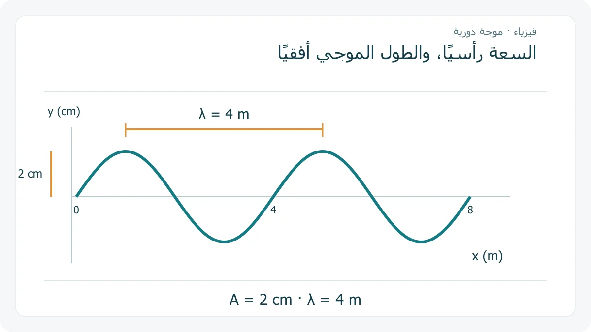 منحنى إزاحة جيبي في لحظة واحدة مع سعة سنتيمترين وطول موجي أربعة أمتار