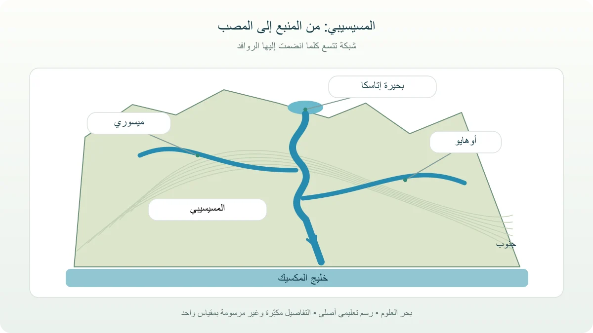 مخطط متتابع لمسار المسيسيبي من بحيرة إتاسكا ورافدي ميسوري وأوهايو إلى خليج المكسيك