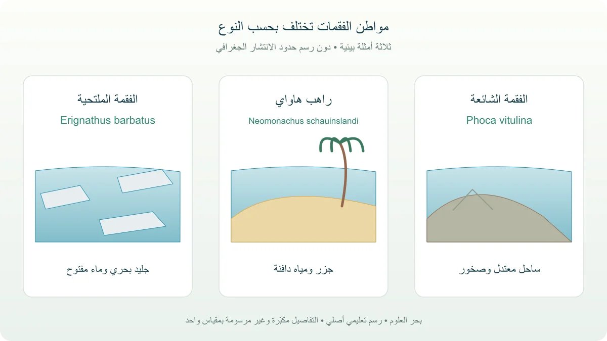 ثلاث بيئات للفقمة الشائعة على ساحل معتدل وراهب هاواي قرب جزر دافئة والملتحية قرب الجليد