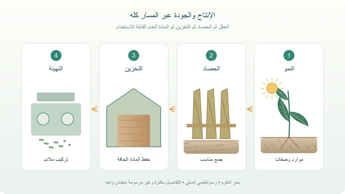 رسم أصلي لمسار الكتلة الحيوية من نمو النبات إلى الحصاد والتخزين وتجهيز المادة الخام