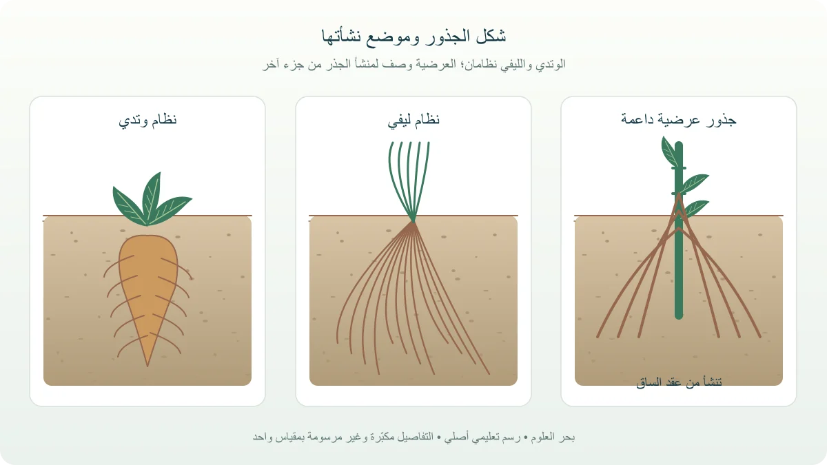ثلاثة نباتات في مقاطع تربة توضح جذر جزر وتديا وشبكة جذور ليفية وجذور دعم تنشأ من عقد الساق