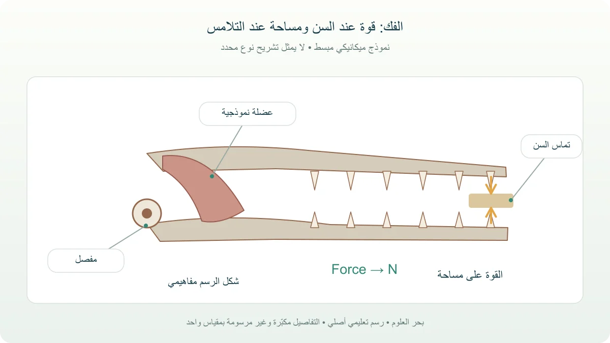 رسم ميكانيكي يحدد مفصل الفك ومسار قوة العض وموضع تماس سن مع مساحة مختلفة