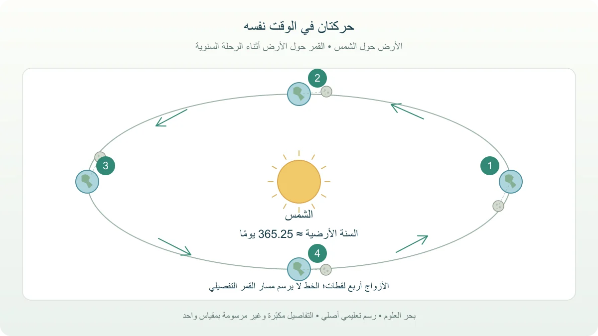 أربع لقطات لمنظومة الأرض والقمر في مواضع مختلفة من رحلة الأرض حول الشمس